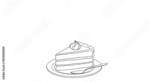 A simple black and white line art illustration of a delicious slice of layered cake with frosting and a drizzle, served on a plate with a fork.