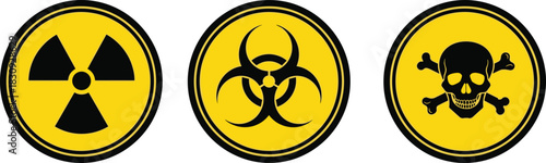 Danger Warning Signs Set Radioactive, Biohazard, and Poison Symbols, Chemical Safety, Toxic Risk Icons, Vector Illustration.