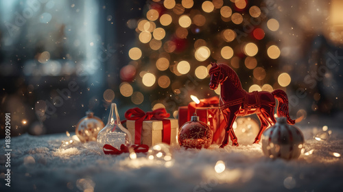 New Year 2026 postcard of the red fire horse. Christmas tree decorations, a red horse, and the numbers 2026 on the Christmas tree. Decorating the interior of your home for the winter holidays.