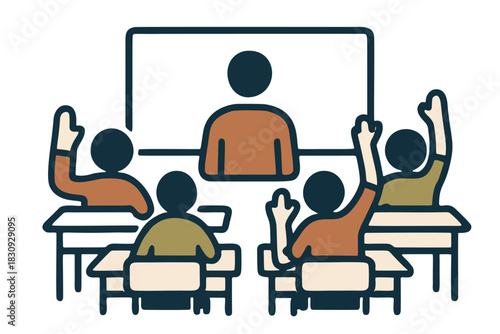 A simple line drawing illustration depicting a classroom scene with students raising their hands and a teacher at the front of the class. The illustration uses a limited color palette and a clean