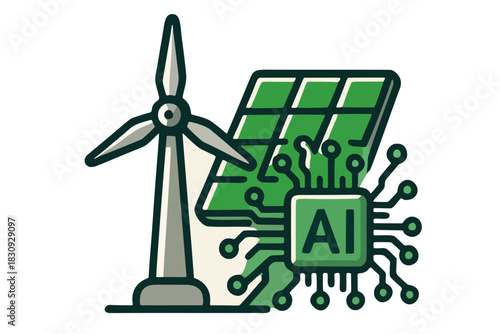 A modern line art illustration of a wind turbine, a solar panel, and an AI chip icon. Concept for green energy, clean renewable power, technology and sustainability.	