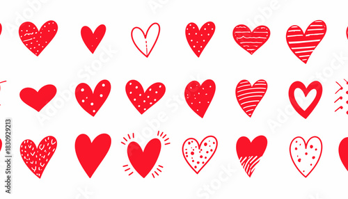Collection of Stylized Red Heart Icons in Rows – 4K Ultra HD Render Featuring Unique Designs, Decorative Patterns, and Minimal Background for Love, Affection, and Creative Inspiration