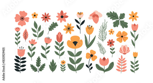 A delightful collection of stylized botanical illustrations featuring various flowers and leaves in a charming flat design style.