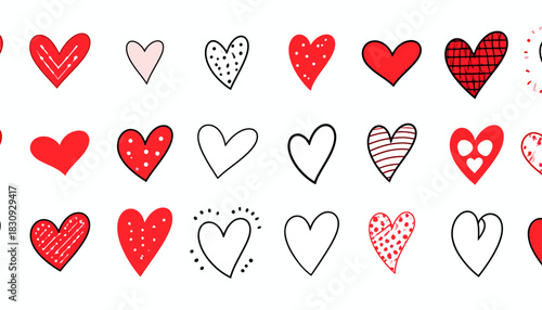 Collection of Stylized Red Heart Icons in Rows – 4K Ultra HD Render Featuring Unique Designs, Decorative Patterns, and Minimal Background for Love, Affection, and Creative Inspiration