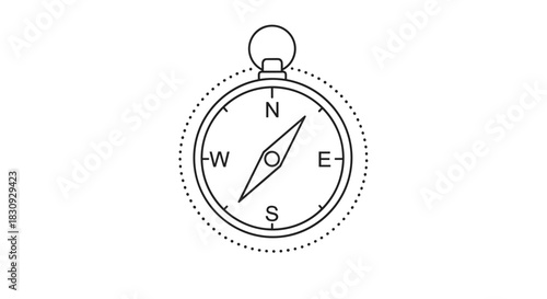 Minimalist line art illustration of a classic pocket compass showing cardinal directions and a magnetic needle, representing navigation and exploration.