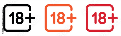 Vibrant 18+ age restriction symbols for mature content, available in black, orange, and red, perfect for online platforms and age verification systems.