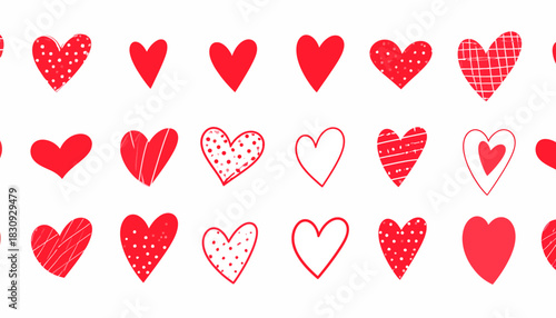 Collection of Stylized Red Heart Icons in Rows – 4K Ultra HD Render Featuring Unique Designs, Decorative Patterns, and Minimal Background for Love, Affection, and Creative Inspiration