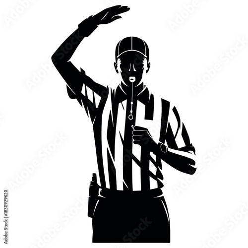 American football referee in black and white silhouette signaling a penalty with whistle