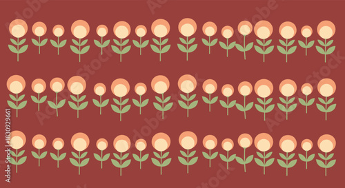 Stylized floral pattern featuring rows of orange and yellow flowers with green foliage on a deep reddish-brown backdrop.