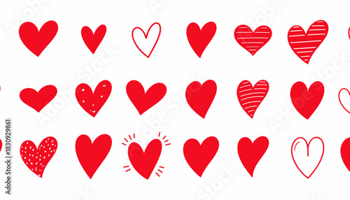 Collection of Stylized Red Heart Icons in Rows – 4K Ultra HD Render Featuring Unique Designs, Decorative Patterns, and Minimal Background for Love, Affection, and Creative Inspiration