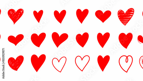 Collection of Stylized Red Heart Icons in Rows – 4K Ultra HD Render Featuring Unique Designs, Decorative Patterns, and Minimal Background for Love, Affection, and Creative Inspiration