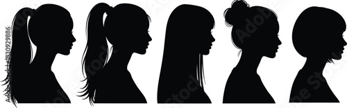 Female hairstyle silhouettes, ponytail, bun, bob, straight hair, side profile, fashion design, hair reference, black illustration, flat vector