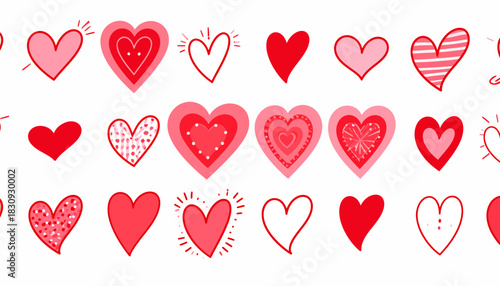 Collection of Stylized Red Heart Icons in Rows – 4K Ultra HD Render Featuring Unique Designs, Decorative Patterns, and Minimal Background for Love, Affection, and Creative Inspiration