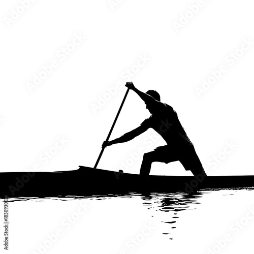 Silhouette of determined athlete powerfully rowing kayak on serene water, embodying fitness, sports, and outdoor adventure in minimal black and white style