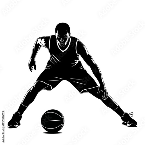 Dynamic basketball player dribbling in striking silhouette, a powerful symbol of athletic skill and determination for sports marketing and design projects