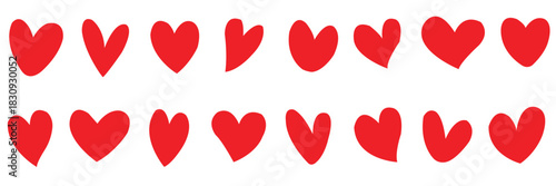 Set of hearts in red color, heart icons set vector, set of hearts different shapes for design. Heart collection. Vector art. Heart, love, romance hearts. Vector icons. Heart love symbol red