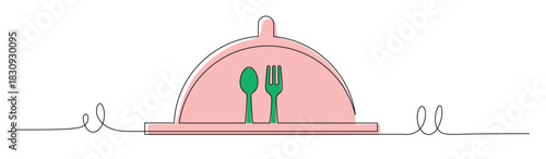 Continuous line art of cutlery in the form of a bowl, spoon, and fork. This icon is for a restaurant banner. Vector illustration with beautiful colors.
