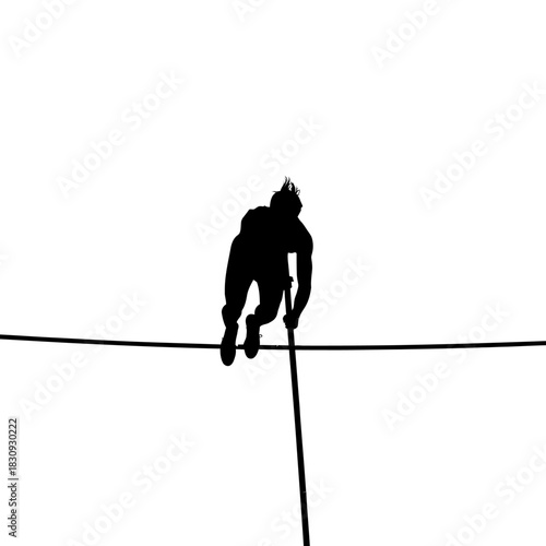 Dynamic silhouette of a pole vaulter soaring over the bar against a clean white backdrop emphasizing athletic prowess and the thrill of victory and achievement
