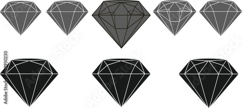 Set of Diamond Shapes and Icons, Gemstone Outline, Jewelry Elements, Crystal Symbol, Black and White, Monochromatic Vector Collection.