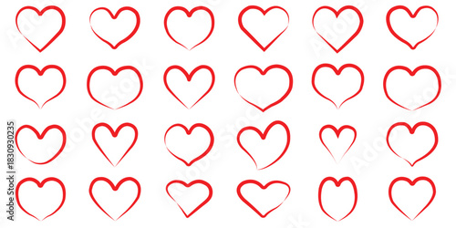 Set of hearts in red color, heart icons set vector, set of hearts different shapes for design. Heart collection. Vector art. Heart, love, romance hearts. Vector icons. Heart love symbol red