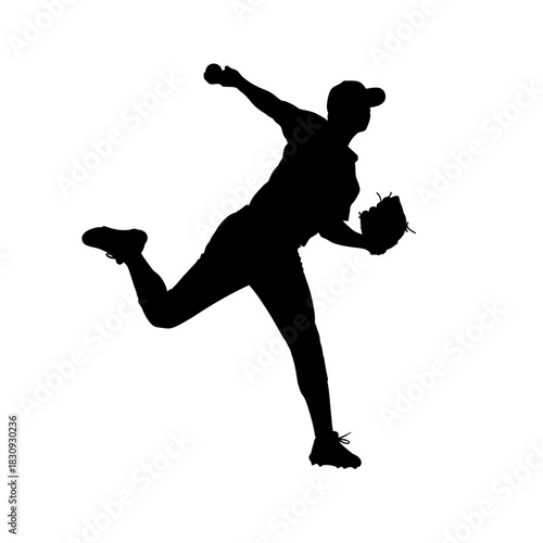 Dynamic silhouette of a baseball pitcher in action, showcasing power and athleticism during a game or practice, isolated on white for versatile design use