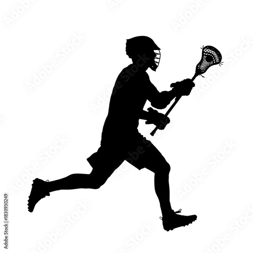 Dynamic silhouette of lacrosse player in action, conveying speed, skill, and athletic prowess for sports marketing and advertising, embodying competitive spirit