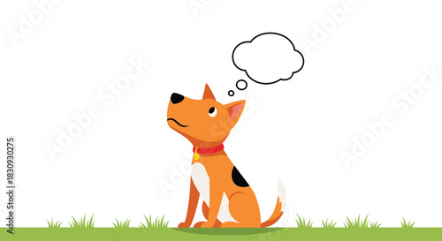 Cute cartoon dog with a red collar sitting on green grass, looking up at an empty thought bubble, contemplating something.