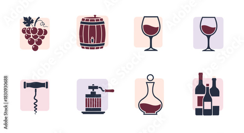 A comprehensive collection of flat design icons illustrating the essential elements of wine making, tasting, and enjoyment, perfect for viticulture themes.
