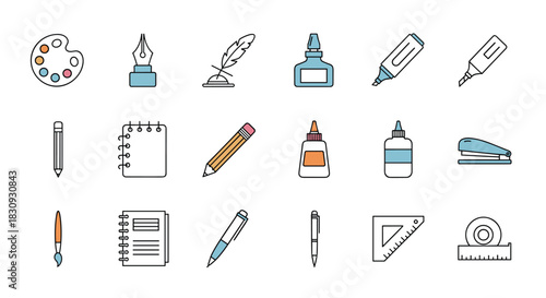 A collection of simple vector icons depicting various stationery, art, and office supplies for creative work and education.