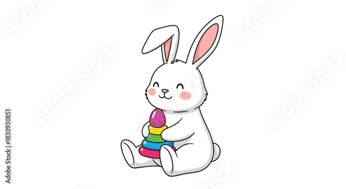 A cute cartoon white bunny with a cheerful smile is happily playing with a colorful stacking ring toy on a clean white background.