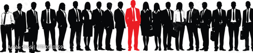 Business team silhouettes with standout individual in red, leadership concept, recruitment highlight, unique person in crowd, flat vector