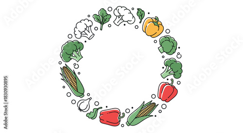 A circular frame of fresh, healthy vegetables including broccoli, bell peppers, corn, cauliflower, garlic, and spinach on a white background.