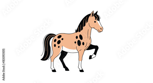 A cute cartoon Appaloosa horse with a spotted tan coat and black mane stands in a lively pose on a white background.