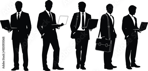 Business silhouettes with laptops, briefcases, professional poses, corporate attire, workplace concept, technology in office environment, black illustration, flat vector