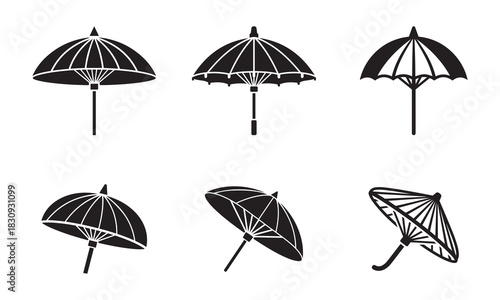 Set of  Black Umbrella and Parasol Silhouettes Vector Icons