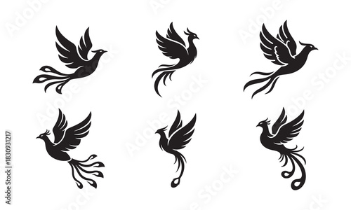 Set of  Phoenix Bird Silhouettes Vector Icons Collection