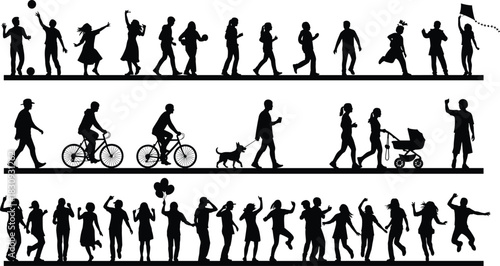 Human activity silhouettes, walking, jogging, cycling, dancing, kite flying, stroller pushing, social interaction, celebration scene, black illustration, flat vector