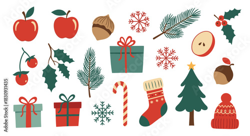 A collection of festive illustrations featuring classic Christmas and winter holiday elements like gifts, fruits, natural decorations, and cozy accessories.