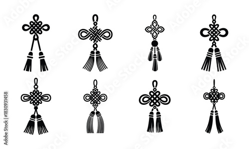 Black Chinese Knot and Tassel Icons Vector Set