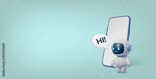 Cute 3D AI robot with a smartphone and Hi speech bubble. Friendly virtual assistant and chatbot concept for mobile apps, customer support, technology and digital communication