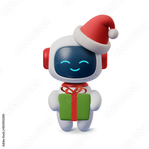 Cute 3D AI robot in Santa hat holding Christmas gift. Festive winter character for holiday designs, New Year cards, tech greetings, and digital illustrations