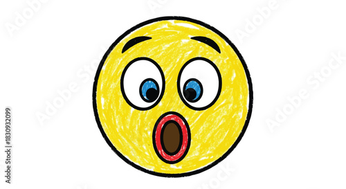 A colorful abstract character, depicted as a round surprised comic face, utilizes an expressive crayon texture in this vibrant 2D flat vector illustration isolated on a clean white background.