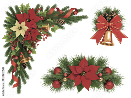 Festive Christmas decorations with poinsettias, bells, and pinecones create a joyful holiday spirit.