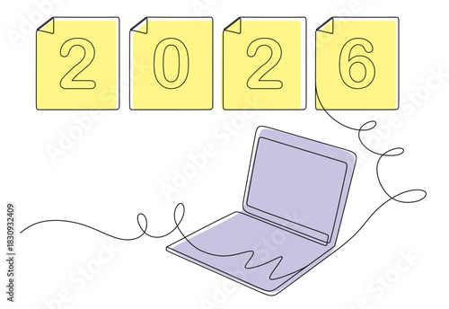 Continuous line art of a laptop making a good plan for 2026 with maximum results. Vector illustration with beautiful colors.