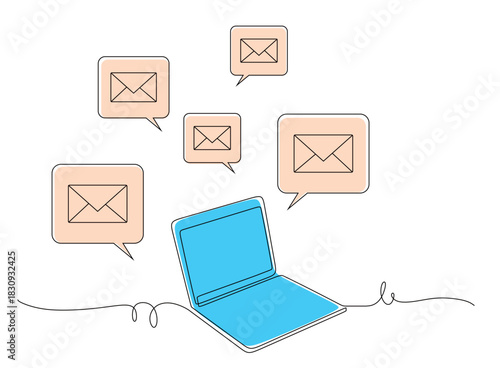line art of a laptop communicating and receiving a large number of new incoming emails. Digital Communication Concept. vector illustration with beautiful colors