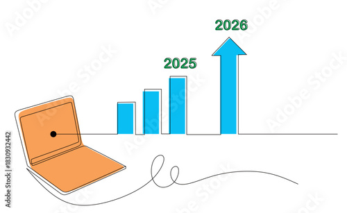 Continuous line art of a laptop analyzing a sales market with year-by-year graphs and plans for 2026. Vector illustration with beautiful colors.
