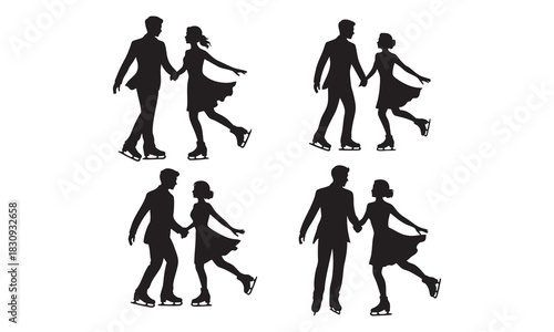 Ice skating couple silhouettes, romantic pair winter sports Vector