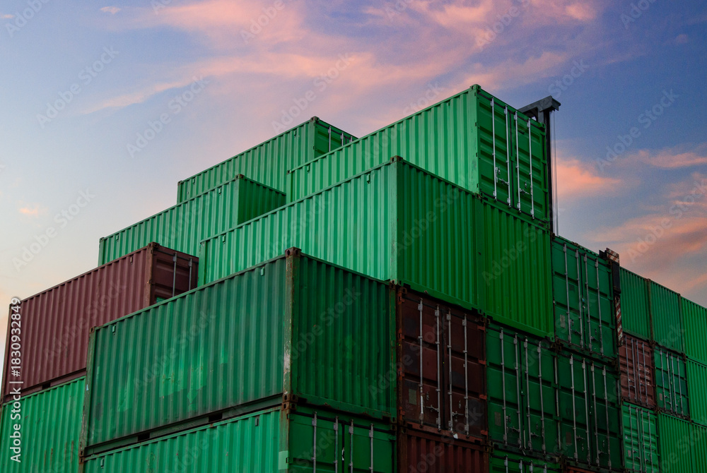 Fototapeta premium Container Export Logistic Crane Forklift Port Blue Sky Background Space Road Import Business Freight Logistic Transport Custom Industry Service Airplane Container Ship Truck Cargo Stack.