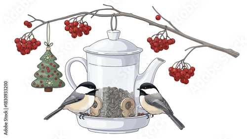 Whimsical Christmas scene with chickadees feeding from a teapot bird feeder adorned with festive ornaments