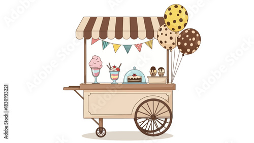 Sweet treats cart adorned with festive decorations and balloons, showcasing delicious desserts